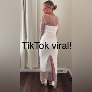 Sincerely Jules sheer mesh beaded pearl crystal long sleeve midi dress Small new